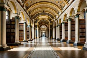 le intérieur de une bibliothèque avec Colonnes et arqué plafonds. généré par ai photo