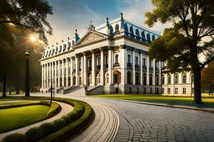 une magnifique bâtiment avec une grand de face porche. généré par ai photo