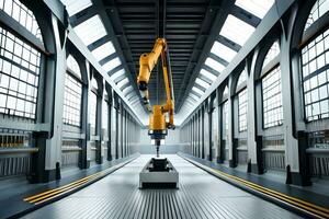 une grand industriel robot est permanent dans une grand entrepôt. généré par ai photo