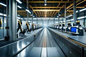 une longue ligne de Machines dans une usine. généré par ai photo