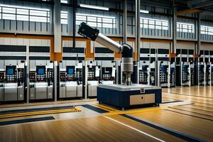 une grand industriel robot est dans le milieu de une usine. généré par ai photo