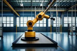 une Jaune industriel robot dans une grand entrepôt. généré par ai photo