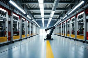 une robot est permanent dans le milieu de une grand entrepôt. généré par ai photo