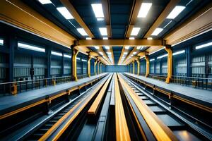 une longue train Piste dans une grand bâtiment. généré par ai photo