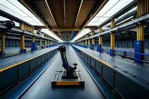 une longue convoyeur ceinture dans une usine. généré par ai photo