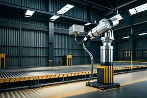 industriel robot dans une entrepôt avec une convoyeur ceinture. généré par ai photo