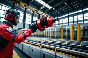 une homme dans une rouge veste et casque est en portant une percer. généré par ai photo