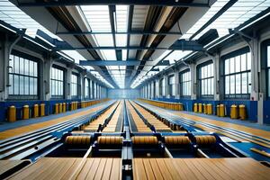 une longue ligne de en bois palettes dans une usine. généré par ai photo