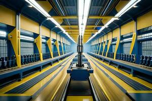 une longue Jaune et bleu convoyeur ceinture dans une usine. généré par ai photo