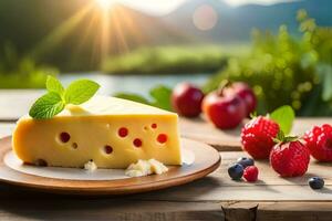 fromage et baies sur une en bois table avec une Montagne dans le Contexte. généré par ai photo