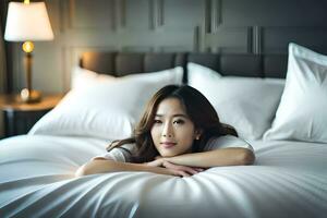 une femme pose sur une lit dans une Hôtel chambre. généré par ai photo
