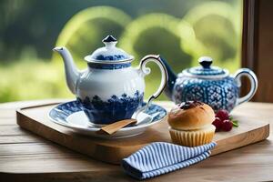 thé et tasse sur une en bois plateau avec une vue de le jardin. généré par ai photo