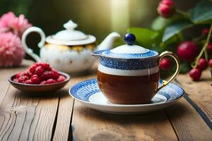 thé et framboises sur en bois tableau. généré par ai photo