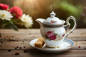 une théière et soucoupe sur une en bois table avec fleurs dans le Contexte. généré par ai photo