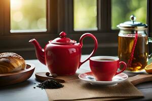 une rouge thé pot, café tasse et pain sur une tableau. généré par ai photo