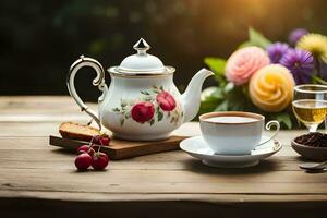 thé et café sur une en bois table avec fleurs. généré par ai photo