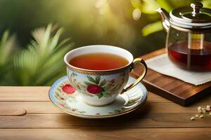 une tasse de thé et une théière sur une en bois tableau. généré par ai photo