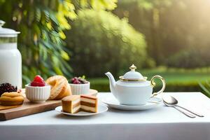 une table avec une tasse de thé, gâteau et une assiette de fruit. généré par ai photo