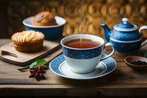une tasse de thé et une tasse de café sur une en bois tableau. généré par ai photo