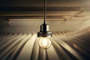 une lumière ampoule est pendaison de une plafond. généré par ai photo