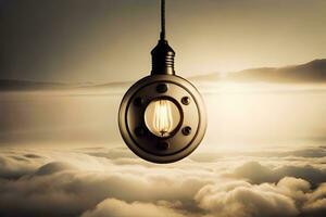 une lumière ampoule pendaison de une plafond au dessus des nuages. généré par ai photo