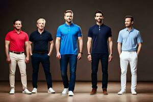 cinq Hommes dans différent couleurs de polo chemises. généré par ai photo