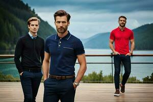 Trois Hommes dans polo chemises permanent sur une Dock. généré par ai photo