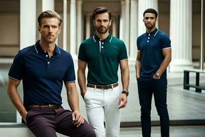 Trois Hommes dans bleu et vert polo chemises. généré par ai photo