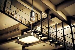 une moderne à la recherche bâtiment avec une escalier et lumières. généré par ai photo