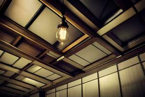 une lumière ampoule est pendaison de le plafond dans une chambre. généré par ai photo