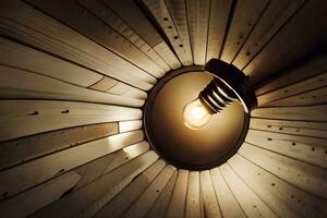 une lumière ampoule est brillant sur une en bois mur. généré par ai photo