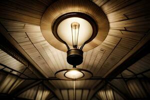une lumière ampoule est pendaison de le plafond. généré par ai photo