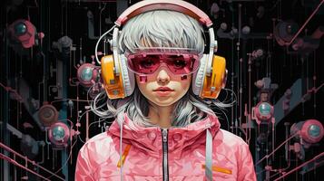 génératif ai, la personne dans lunettes, cyberpunk anime style. lumière Jaune et rose couleurs, virtuel réalité concept photo