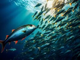 sous-marin vue de des poissons avec étourdissant éclairage - génératif ai art photo