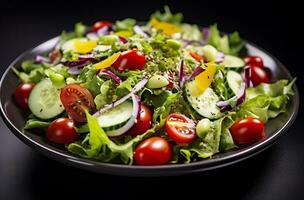 santé avantages de en bonne santé salade, dans le style de précis détaillant, lisse et brillant. ai généré photo