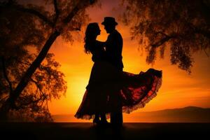 silhouette de dansant couple à le coucher du soleil. génératif ai photo