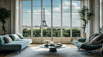 élégance surplombant Paris minimaliste luxe vivant pièce avec Eiffel la tour vue génératif ai photo