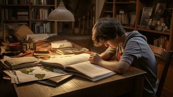 stressé enfant en train d'étudier à maison. illustrant le pressions de étude défis et devoirs stress photo