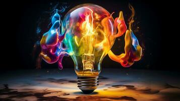 vibrant explosion. éclatement lumière ampoule crée une coloré chef-d'œuvre. parfait pour Créatif concepts photo