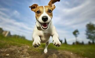 jack russel pasteur chien courir vers le caméra faible angle haute la vitesse tir. ai généré photo