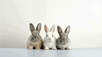 une charmant groupe de mignonne lapins contre une minimaliste toile de fond photo