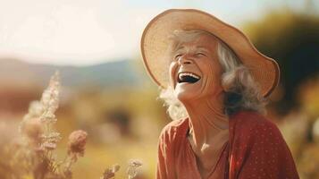 joyeux Sénior femme. embrassement le beauté de la nature avec une réconfortant rire photo