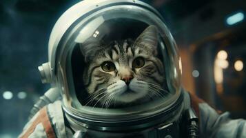 adorable astronaute chat. explorant le univers, un patte à une temps photo