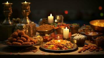 délectable diwali délices. un tableau de de fête nourriture et collations à célébrer le joyeux occasion photo