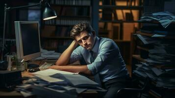 une déprimé employé dans le bureau. un image reflétant lieu de travail stress et mental santé luttes photo