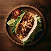 ai généré taco sur en bois assiette photo