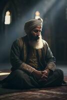 portrait de une barbu sikh homme séance dans le prière pièce à le mosquée ai génératif photo