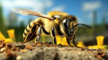 proche en haut de une vibrant abeille collecte nectar. natures diligent ouvrier photo