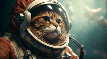 adorable astronaute chat. explorant le univers, un patte à une temps photo