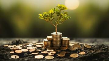 financier croissance dans la nature. arbre prospère sur une lit de pièces de monnaie. idéal pour investissement concepts photo